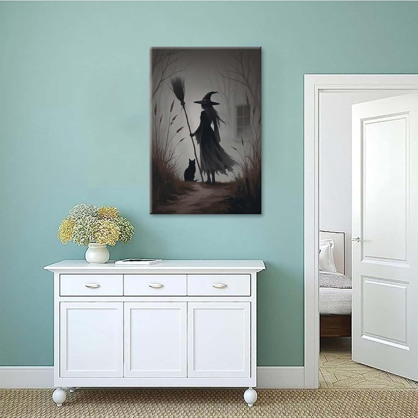 JFHCQJPK Vintage forest witch and black cat poster Halloween mural poster decoration mural art magic suitable for home living room bedroom12x16in Frameless