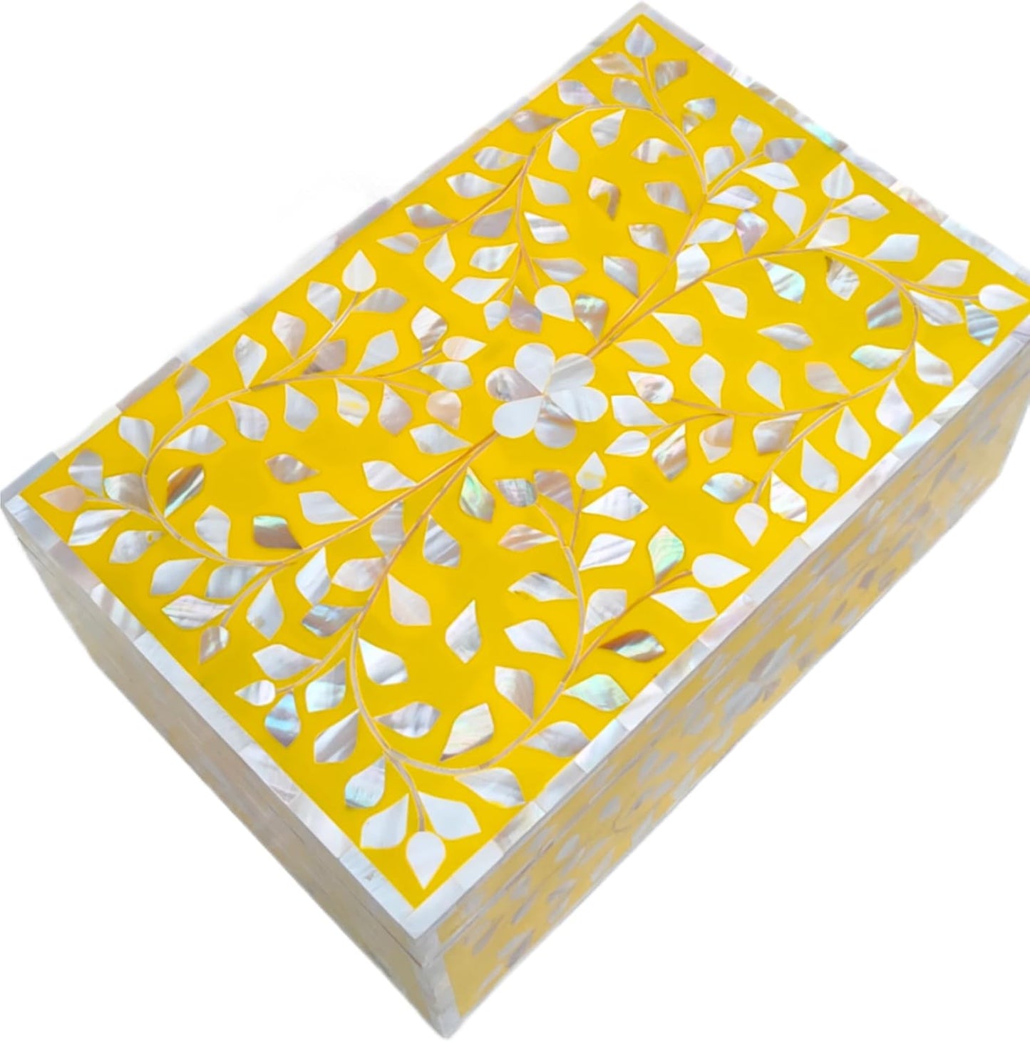Decorative Storage Box Of Mother Of Pearl Inlay Floral Design Wooden Storage Box For Home Decoration For Living Dining & Bedroom (Yellow_12x8x5 inch)
