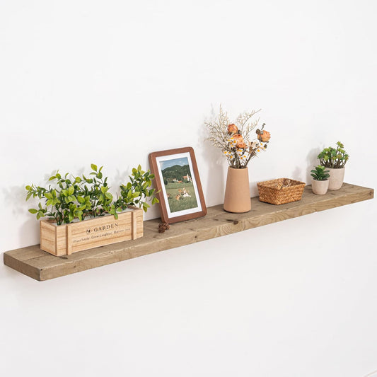 Solid Wood Floating Shelves, 8" Deep Rustic Reclaimed Barnwood Wall Hanging Floating Shelf with Invisible Heavy-Duty Metal Bracket | Wall Mounted | Farmhouse Style | 55 inches,1PC,Natural