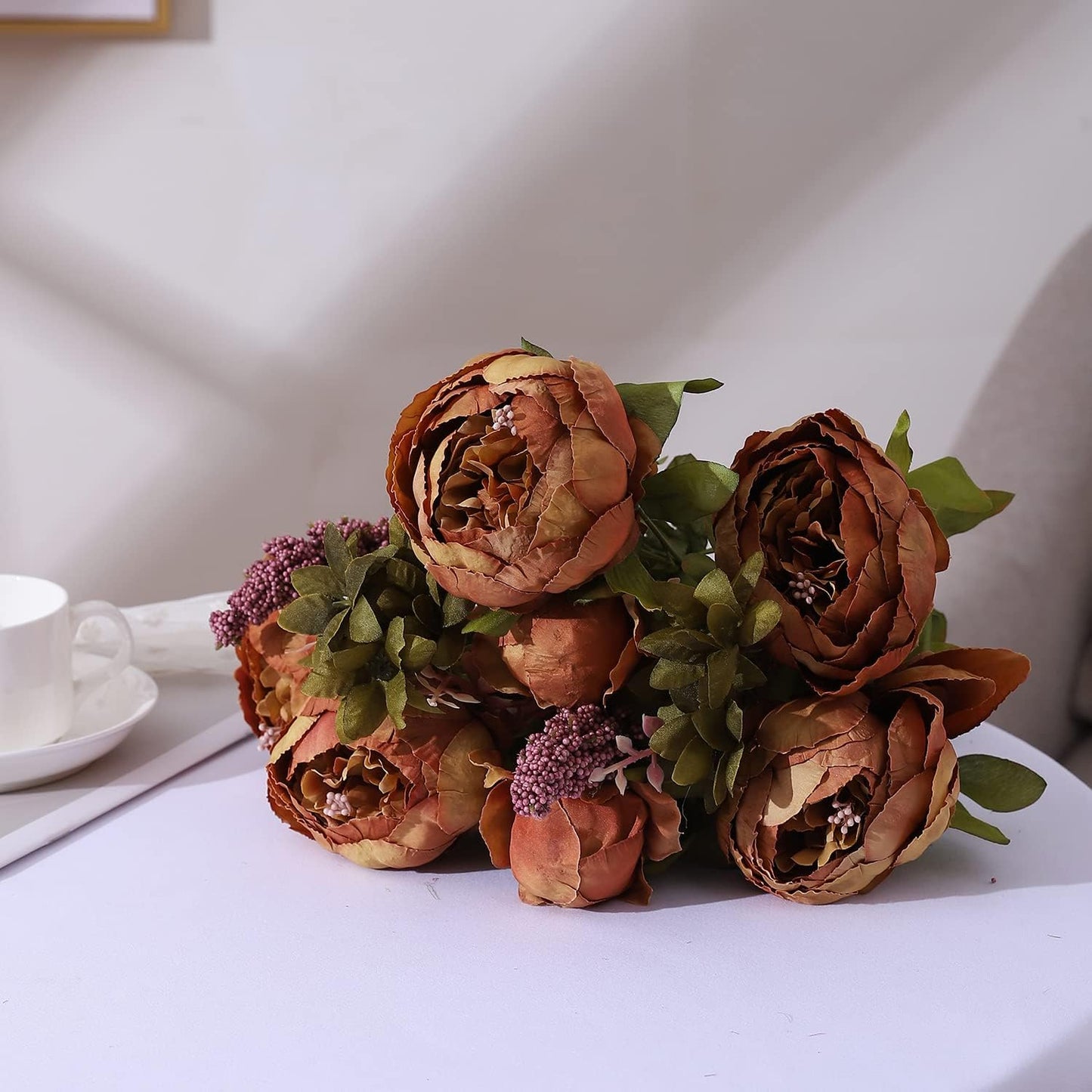 Duovlo Fake Flowers Vintage Artificial Peony Silk Flowers Wedding Home Decoration,Pack of 1 (Coffee)