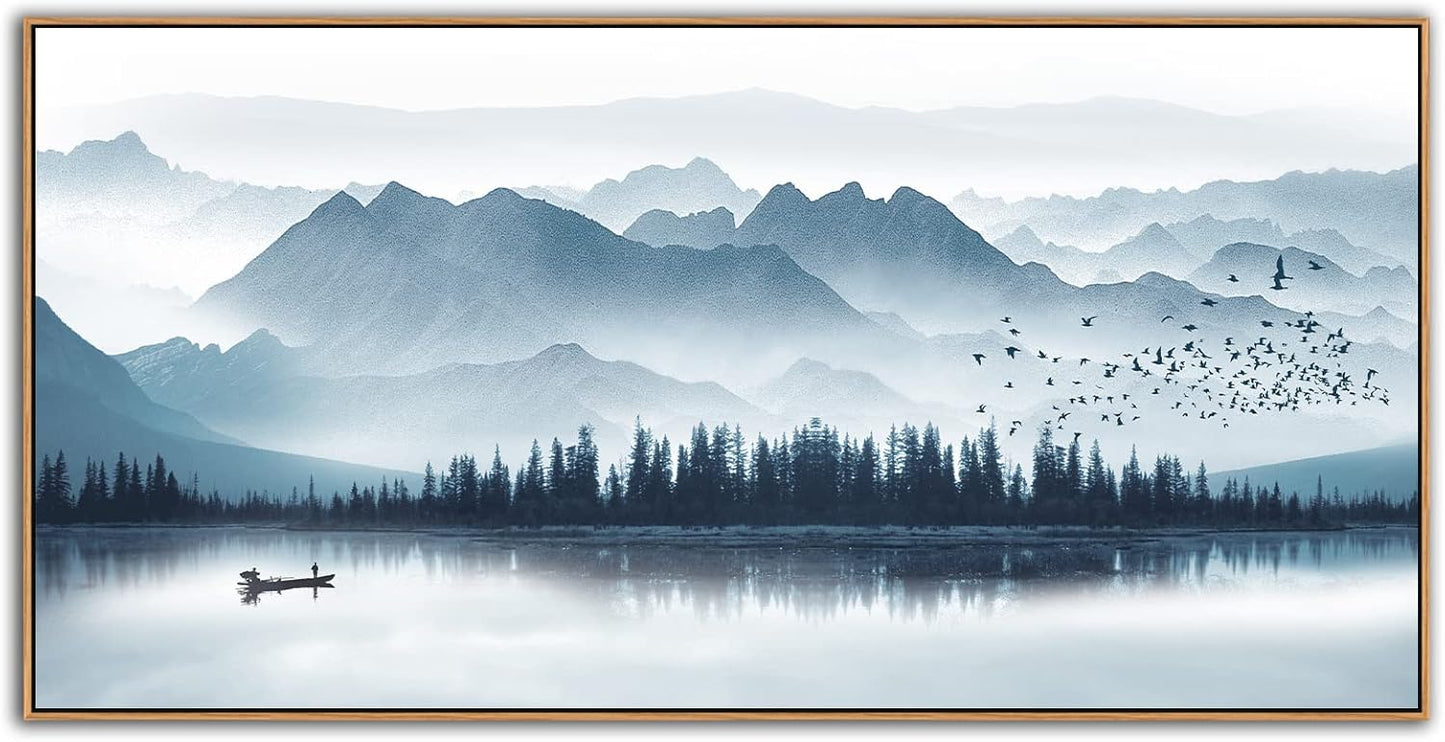 Indigo Framed Canvas Wall Art Misty Mountain Wall Pictures Foggy Lake Boat Canvas Painting Prints Forest Birds Canvas Wall Decor for Living Room Bedroom Decorations Framed 20" x 40" Natural