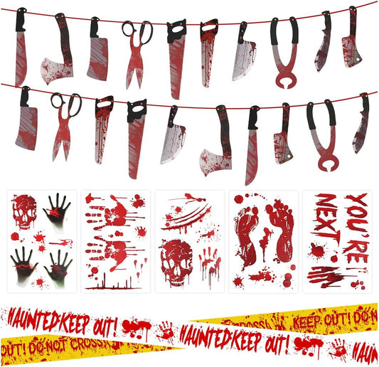 Halloween Decorations, 5 Sheets Wall Decals-Bloody Handprint Stickers, 2 Pack Halloween Banners and 2 PCS Caution Tape Rolls 3inx30ft for Outdoor, Indoor, Party Decor, Haunted Mansion