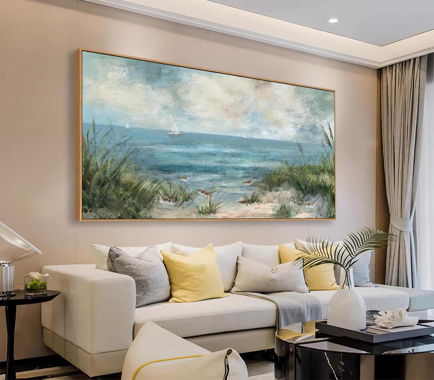 Sea Beach Framed Canvas Wall Art Vintage Seascape Canvas Prints Wall Decor Ocean Sailboat Seagull Canvas Pictures Beach Bird Reed Canvas Painting Artwork Living Room Bedroom Decoration 29" X 58"