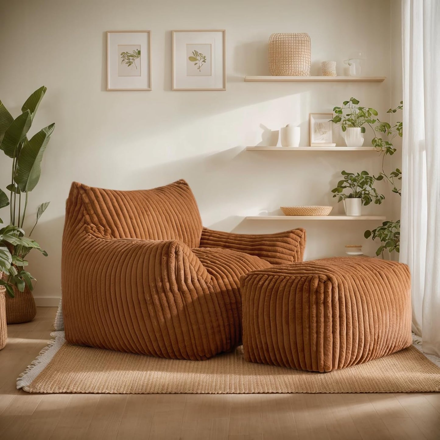 Giant Bean Bag Chairs for Adults, Oversized Chaise Lounge Chair Indoor with Memory Foam - Plush Boneless Lounger & Ottoman for Bedroom, Living Room, Gaming & Reading, Lazy Floor Sofa Chair, Orange