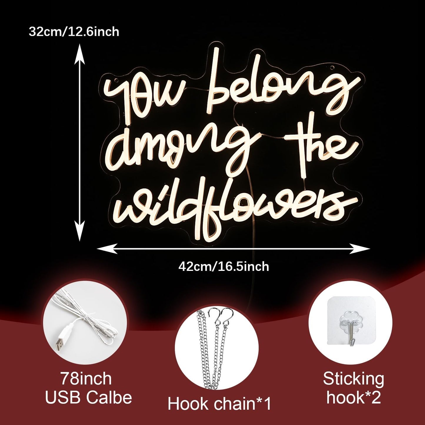 You Belong Among The Wildflowers Neon Sign for Wall Decor Dimmable Warm White LED Letters Neon Light for Living Room Garden Art Wall Neon Decor Personzalized Gift(16.5 * 12.6In)