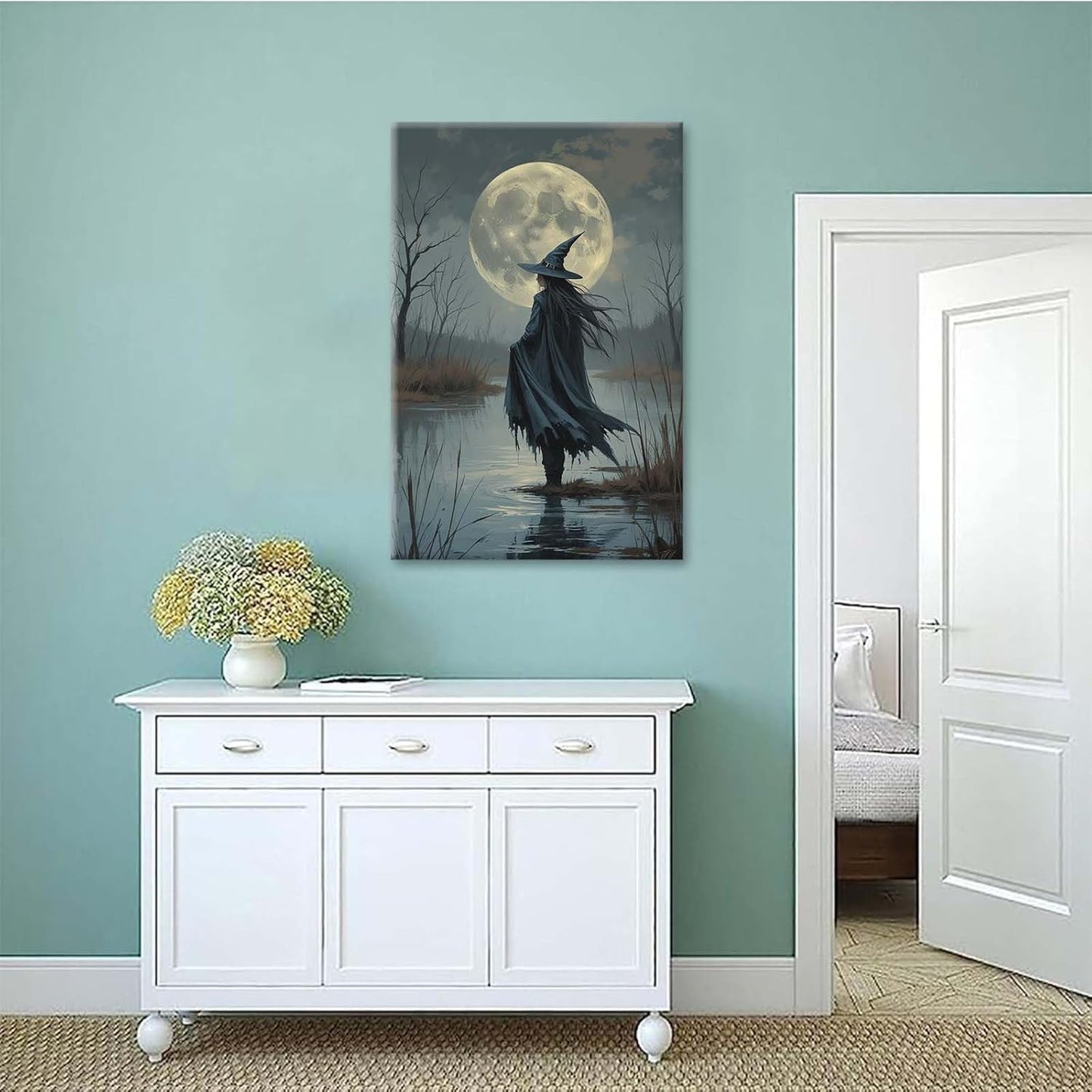Witch in the moonlight magic canvas wall art enchanting Halloween home decor swamp witch silhouette oil painting mysterious gothic aesthetic wall decor print poster20x30in Wood Framed