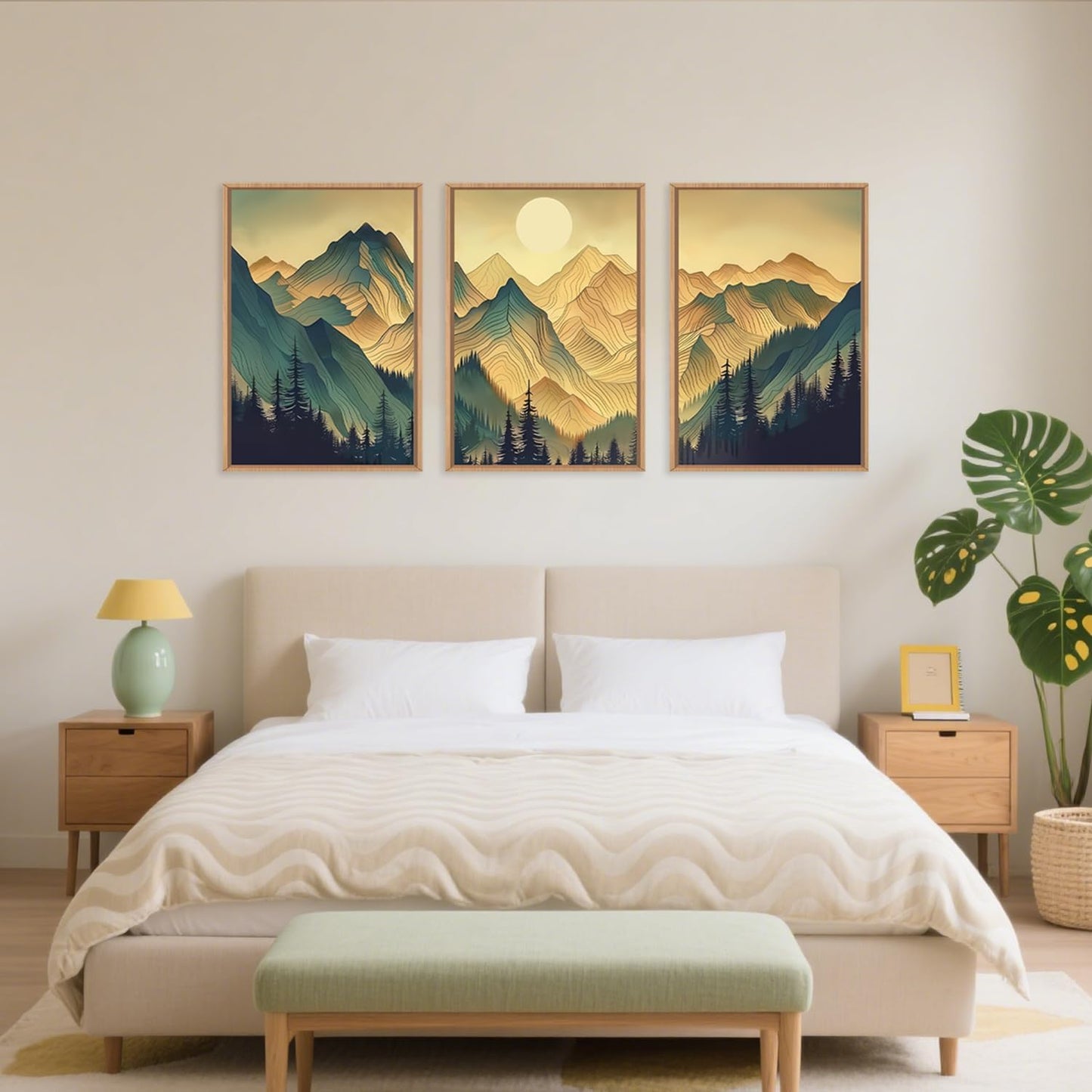 Celestdeco Mountains Forests Framed Canvas Wall Art Set, Abstract Sun Woodland Painting, Boho Scenery Sun Wall Decor, Natural Woodgrain Art Print for Living Room, Bedroom, Dining Room, Office - 16"x24"x3