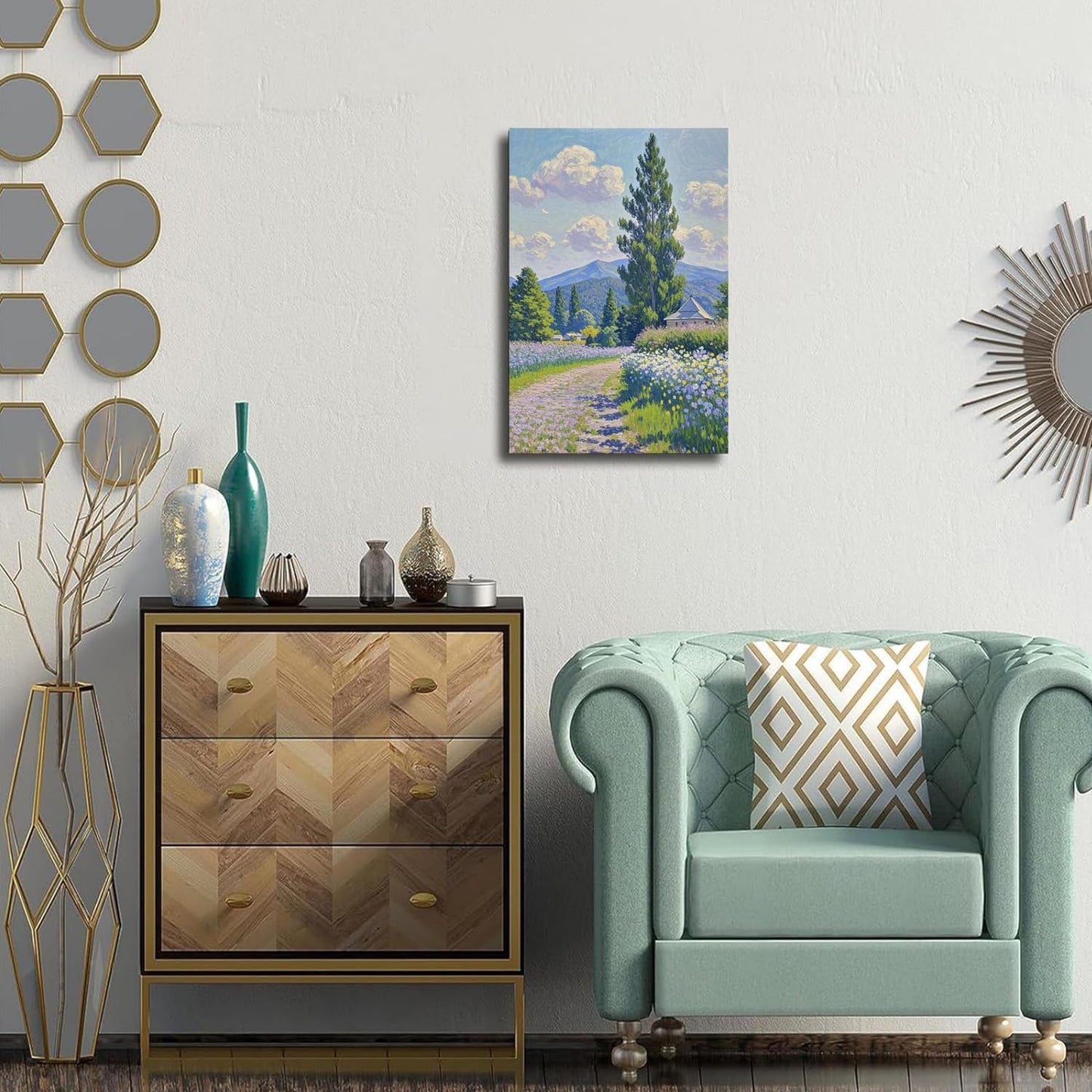 Countryside wildflowers landscape canvas poster natural plant flower artwork retro pastoral flower path suitable for farmhouse decoration