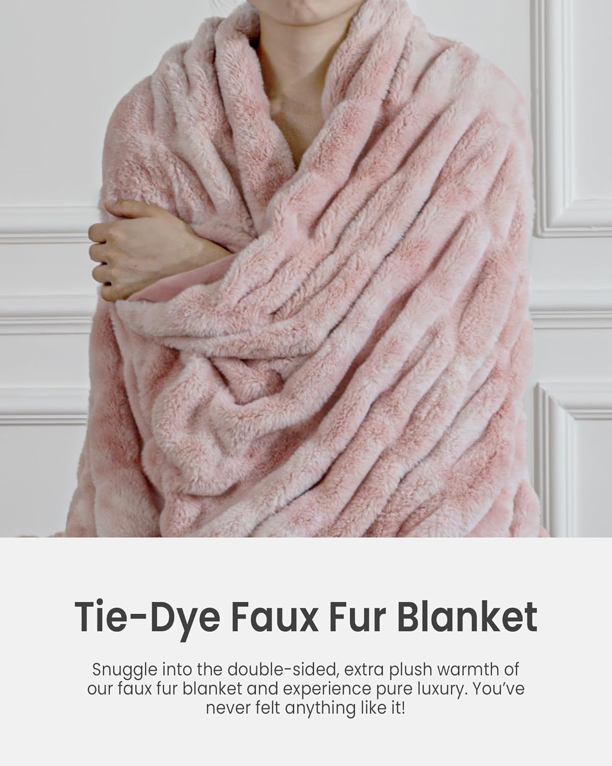Faux Fur Blanket, Throw Blanket for Couch, Fluffy Blanket with Stretch Ruched Design, Ultra Soft Giftable Home Decor, 50x60 inches, Tie-Dyed in Pink