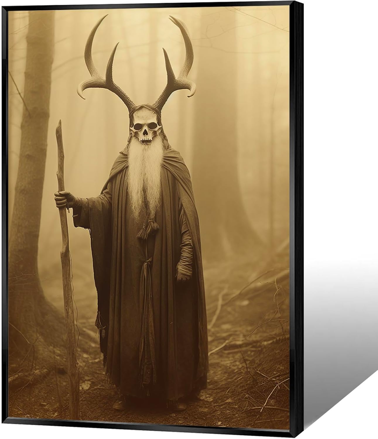 Skeleton Halloween Decor Occult Druid of the Forest Poster Canvas Wall Art Vintage Spooky Print Gothic Room Decor Dark Academia Decorations Bedroom Creepy Skull Picture 12X16inch Aluminum Framed