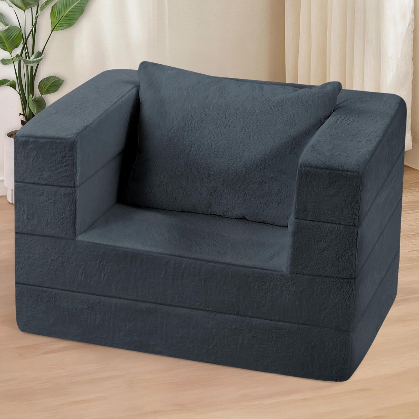 Folding Bean Bag Chair for Adults,3-in-1 Bean Bag Couch Faux Fur Floor Sofa Large Beanbag Convertible Bean Bag Sofa Bed with Pillow in Bedroom,Living Room,Apartment(Twin,Dark Grey)