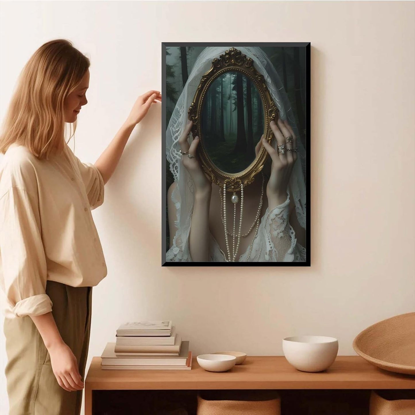 Mirror face covering dark art poster print melancholy gothic painting vintage feminine print victorian style decoration antique art8x12in Metal blackFramed