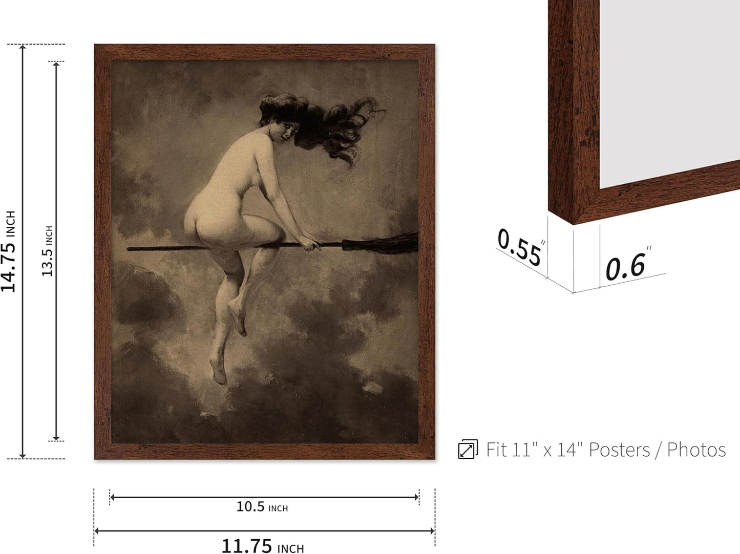 Poster Master Vintage Albert Joseph Penot Poster - Retro Halloween Print - Gift for Artist, Friend - Departure for the Sabbath, Naked Witch on Broom - Wall Decor for Bedroom, 11x14 Brown Framed