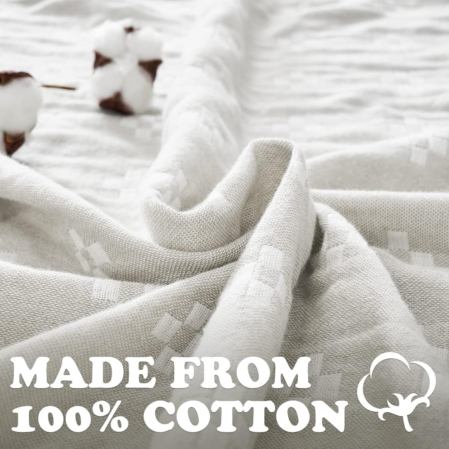 jinchan Boho 100% Cotton Blanket Muslin 50x60 Inches Lightweight 3-Layer Geometric Cross Pattern Reversible Quilt Throw Soft Breathable Comfy All Seasons for Couch Bed Decor, Light Grey