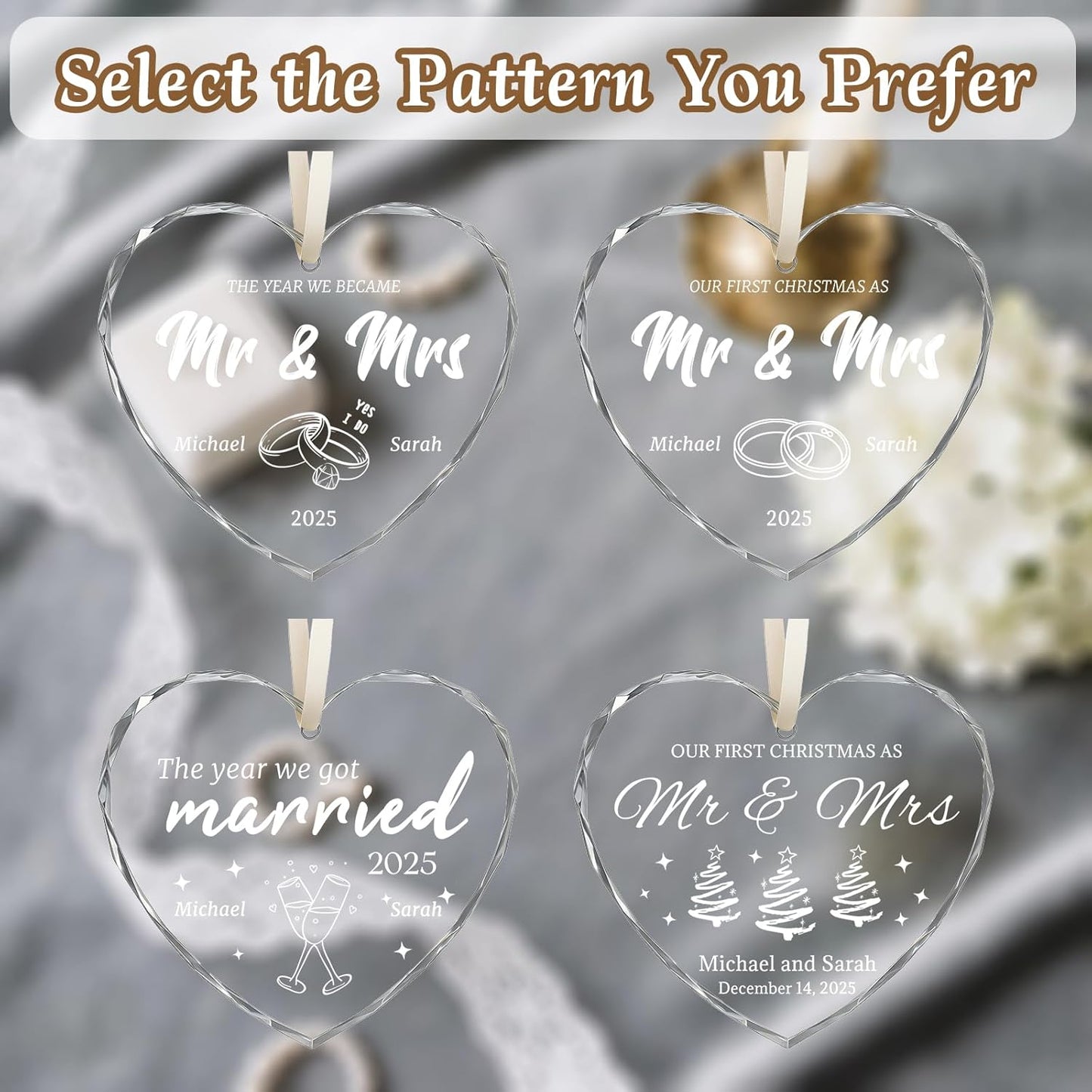 First Christmas Married Ornament 2025, Custom Wedding Crystal Glass Ornament with Photo, Name or Date, Personalized Wedding or Bridal Shower Gifts for Newlyweds
