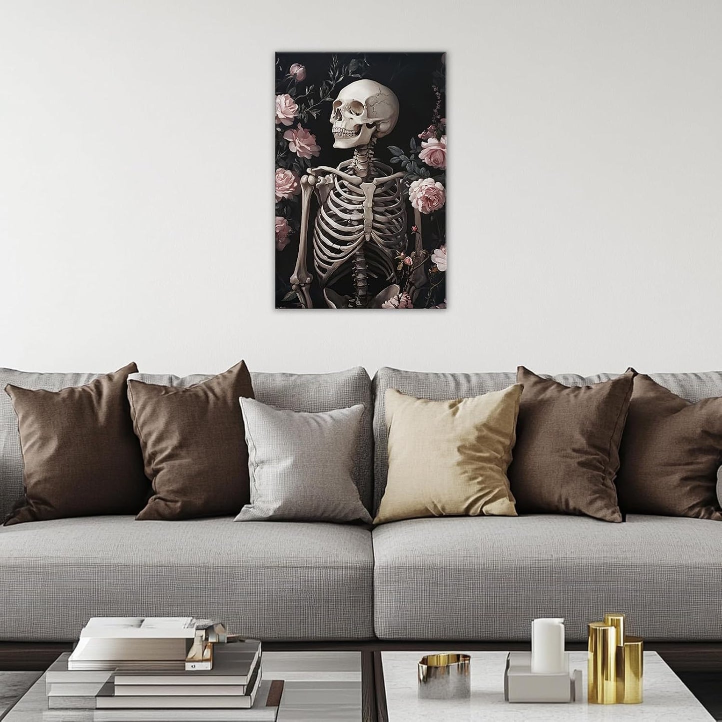 OAAPITI Skull Floral Wall Art Vintage Skeleton Portrait Canvas Print Dark Gothic Skull Art for Living Room Bedroom Home Wall Decor Ready to Hang(Artwork-10,16"x24")