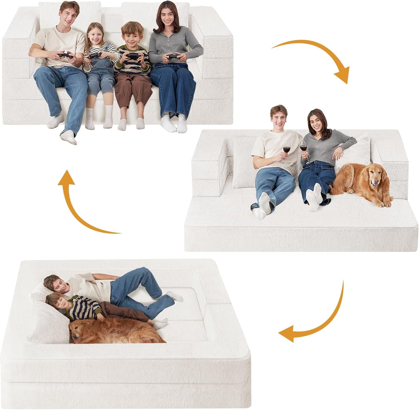 Folding Bean Bag Chair for Adults,3-in-1 Bean Bag Couch Faux Fur Floor Sofa Large Beanbag Convertible Bean Bag Sofa Bed with Pillow in Bedroom,Living Room,Apartment(Queen,Milky White)