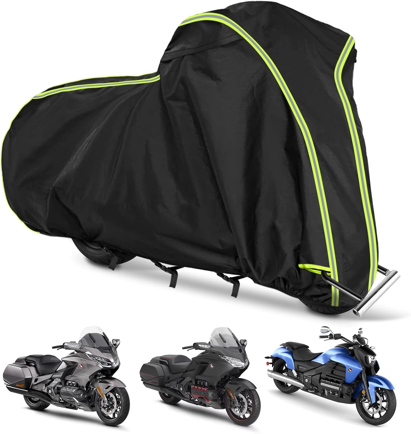 Motorcycle Cover for Honda GL1500 GL1800, Honda Gold Wing 2001-2023 with Trunk Models, All Weather Outdoor Black Protective Cover with Reflective Strips,Vent Holes and Lock Holes (Without top Box)