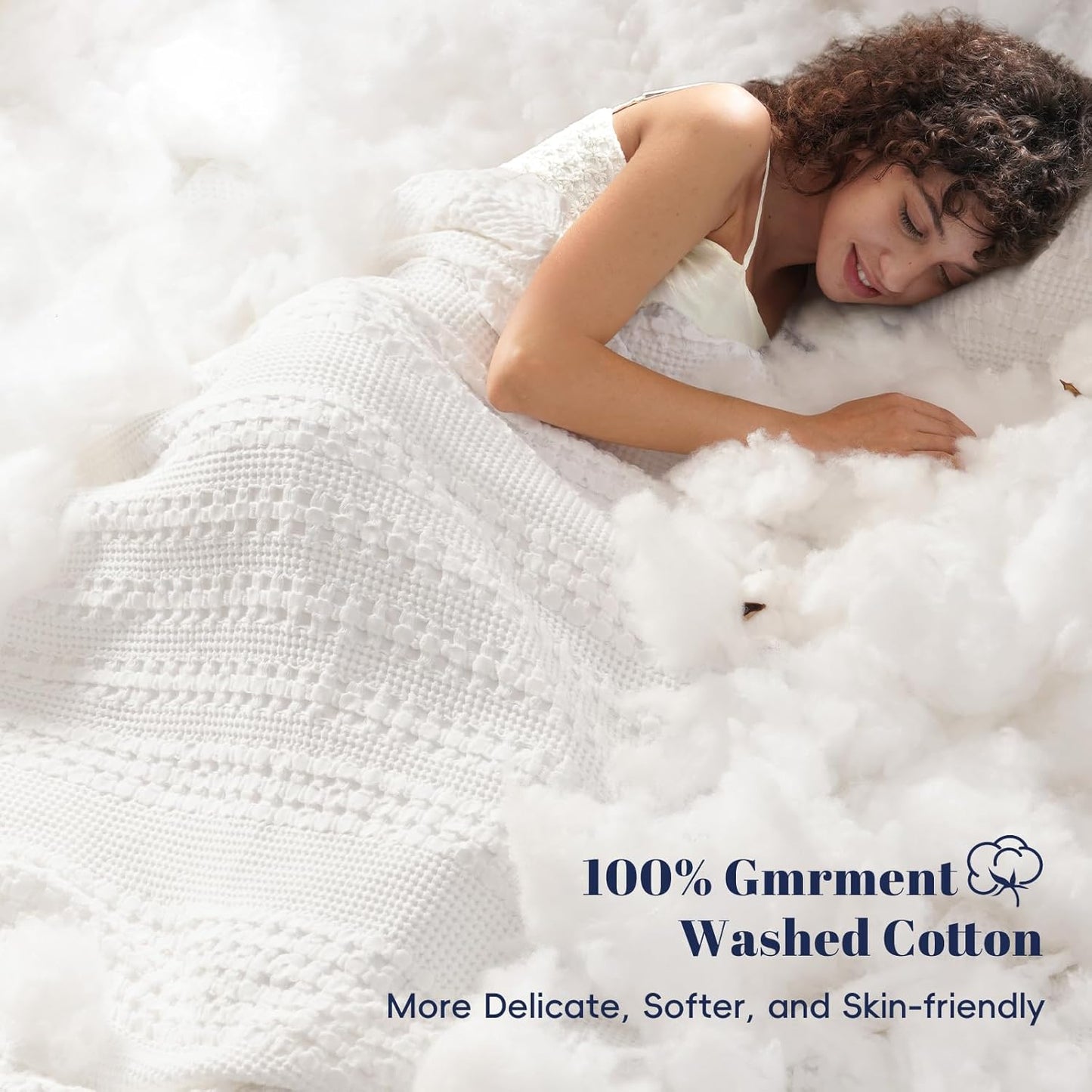 PHF 100% Cotton Waffle Weave Blanket Queen Size, Soft Lightweight Breathable Cozy Summer Blankets for Bed, Luxury Aesthetic Woven Bedding for Home Decor, 90"x90", White