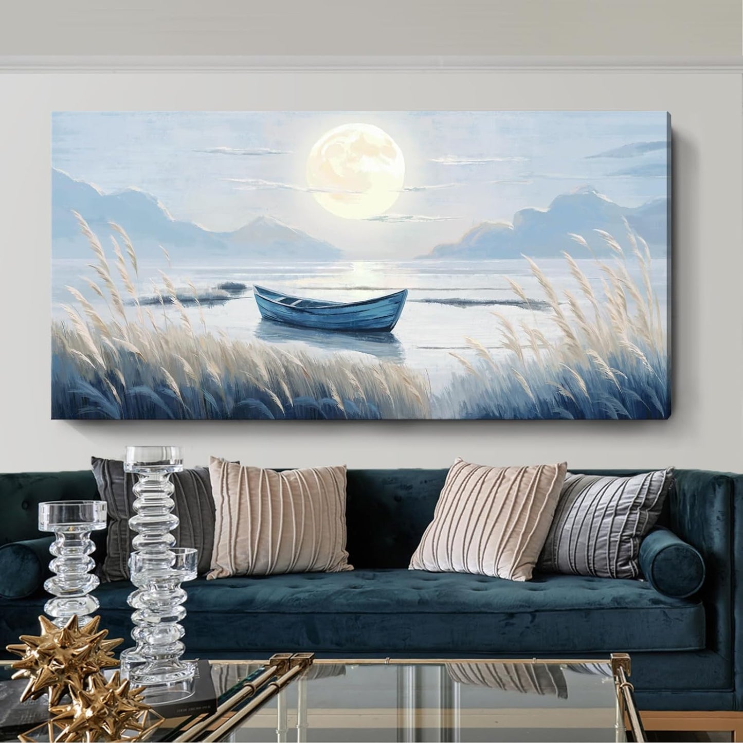 Oversized Large Living Room Wall Art, Blue Wall Decor for Bedroom, Modern Nautical Ocean Beach Seascape Nature Picture Sailboat Moon Lake Mountain Canvas Print Relaxing Serene Coastal Rustic Artwork