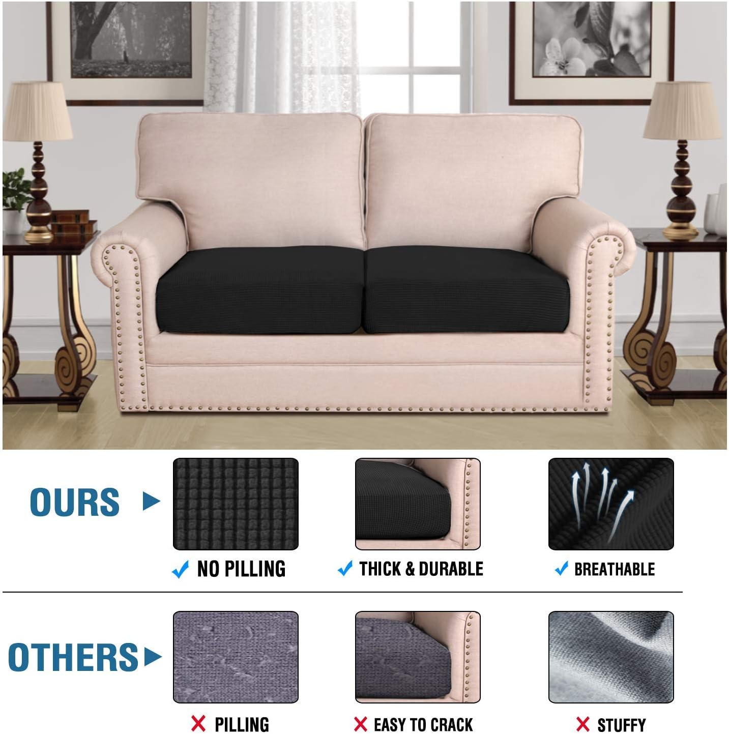 H.VERSAILTEX Super Stretch Individual Seat Cushion Covers Sofa Covers Couch Cushion Covers Slipcover Sets Thick Jacquard Textured Twill Fabric (2 Piece Medium Sofa Cushion Covers, Black)