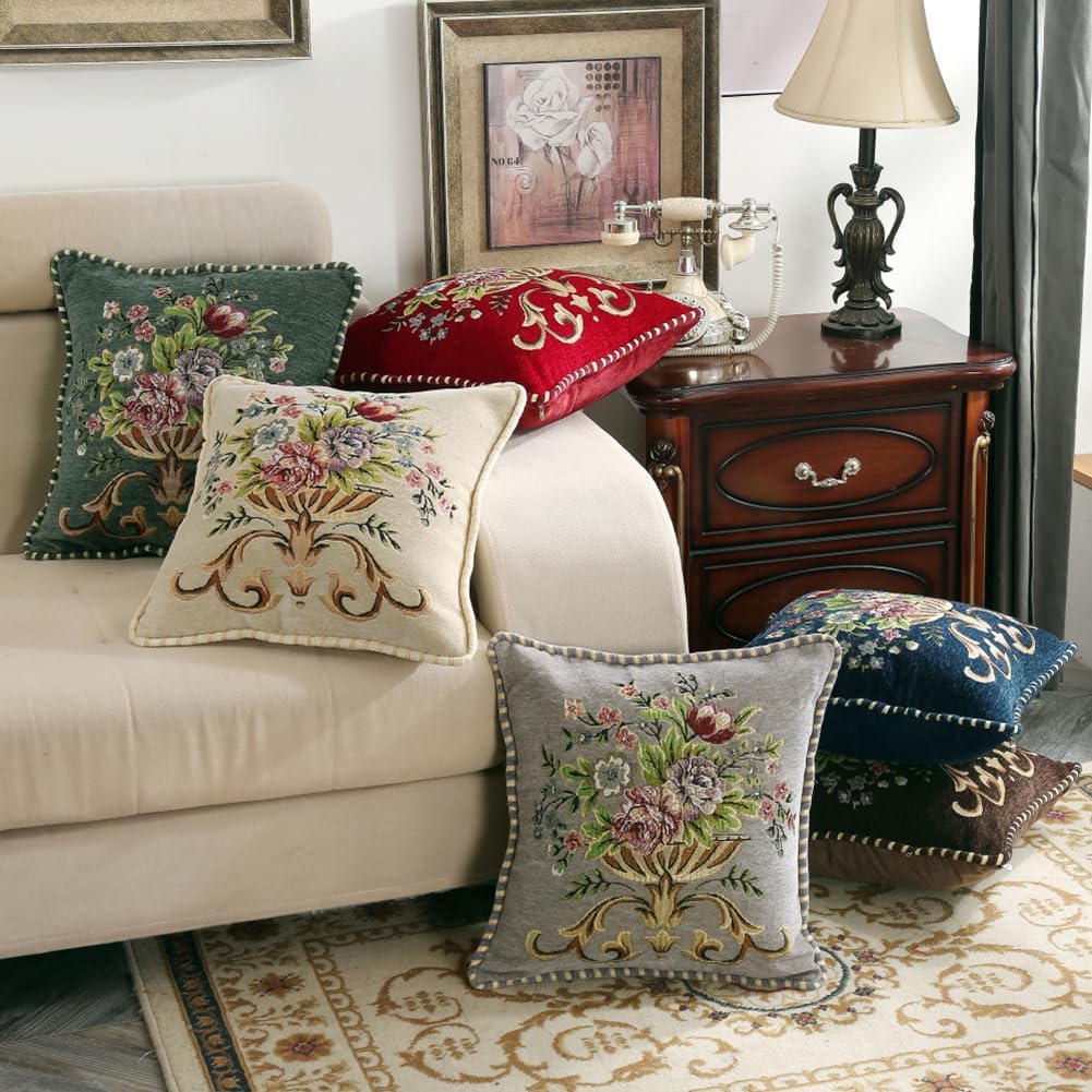 Set of 2 Beige Vintage Throw Pillows Covers 18x18in，Floral Embroidered Cushion Cover for Sofa Bedroom，Euro Sham Covers Retro Home Decor Pillows Covers