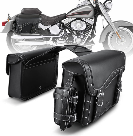 NICECNC Motorcycle Saddle Bags, PU leather Motorcycle Saddlebags, Reinforced Straps & Saddle Piece, with Cup Holder, Throw Over Saddle Bags Side Bags Universal Motorcycle Accessories bags, BlACK