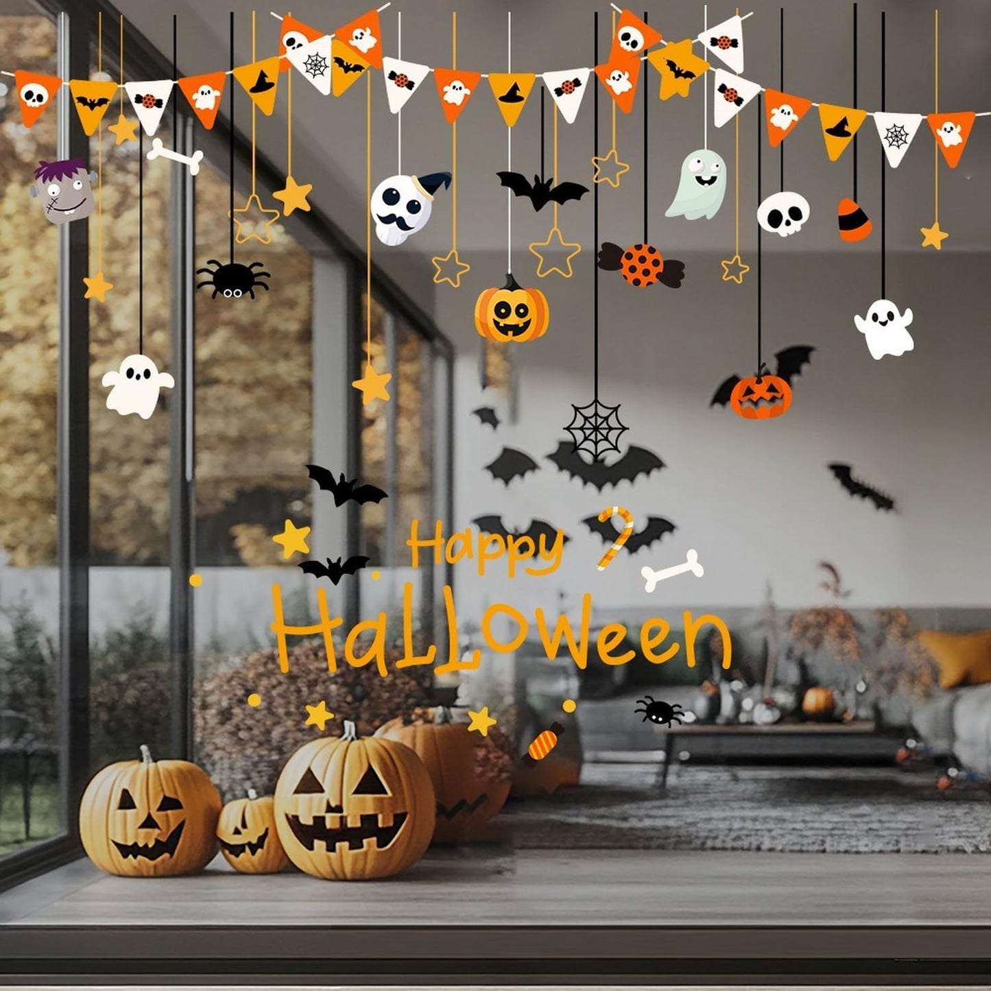 Halloween Window Clings for Glass Fall Static Cling Window Decals 1PCS Cute Ghost Pumpkin Candy Spider Autumn Reusable Window Stickers Home School Office Decorations