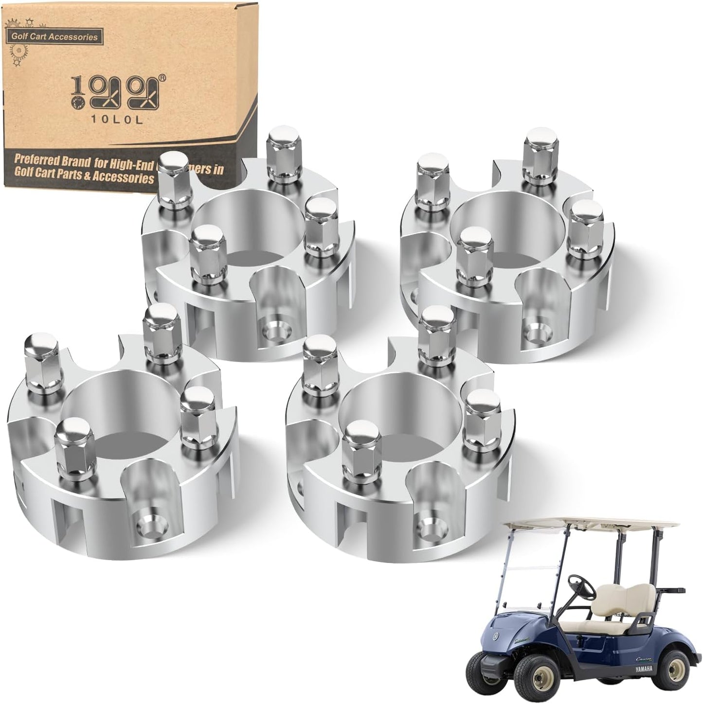 10L0L Golf Cart 2 inch Wheel Spacers for Yamaha, EZGO, Club Car (4x72mm Bolt Pattern, 68mm Hub Bore, 1/2-20 Studs) 4 Pack, Silver