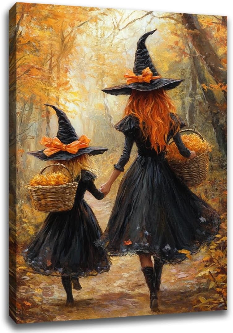 Mother Witch And Child Daughter Witch Wall Art,Halloween Autumn Woodland Forest Path Picture,Family Room Nursery Playroom Kids Room Decor,8"x12" Framed