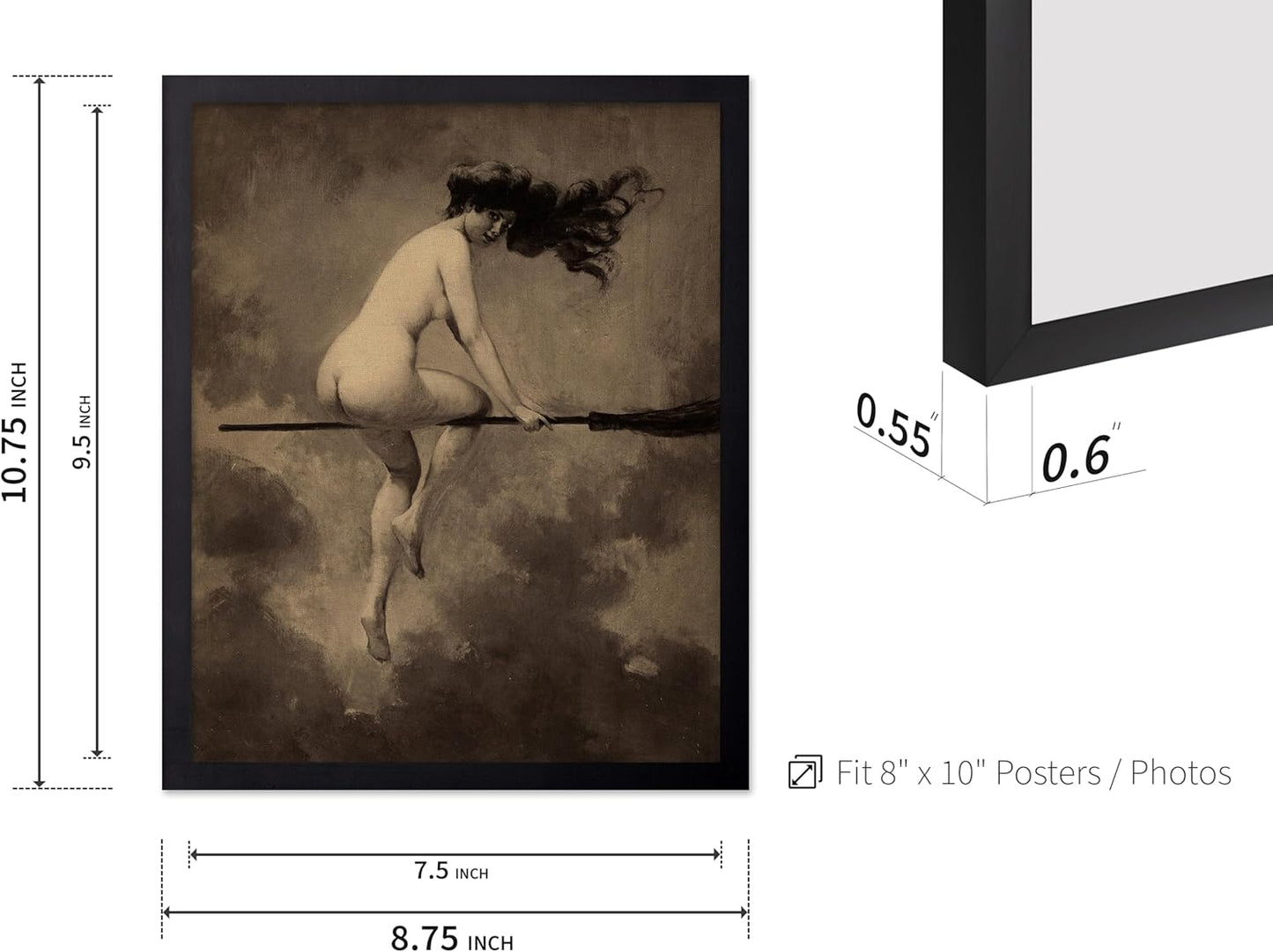 Poster Master Vintage Albert Joseph Penot Poster - Retro Halloween Print - Gift for Artist, Friend - Departure for the Sabbath, Naked Witch on Broom - Wall Decor for Bedroom, 8x10 Black Framed