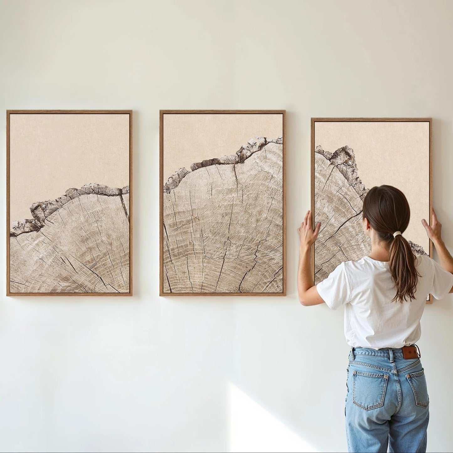 SIGNINART Large Tree Ring Framed Canvas Wall Art Set, Rustic Beige Wooden Wall Decor, Neutral Nature Wood Stump Artwork, Modern Art Prints for Bedroom Living Room Office 24"x36"x3