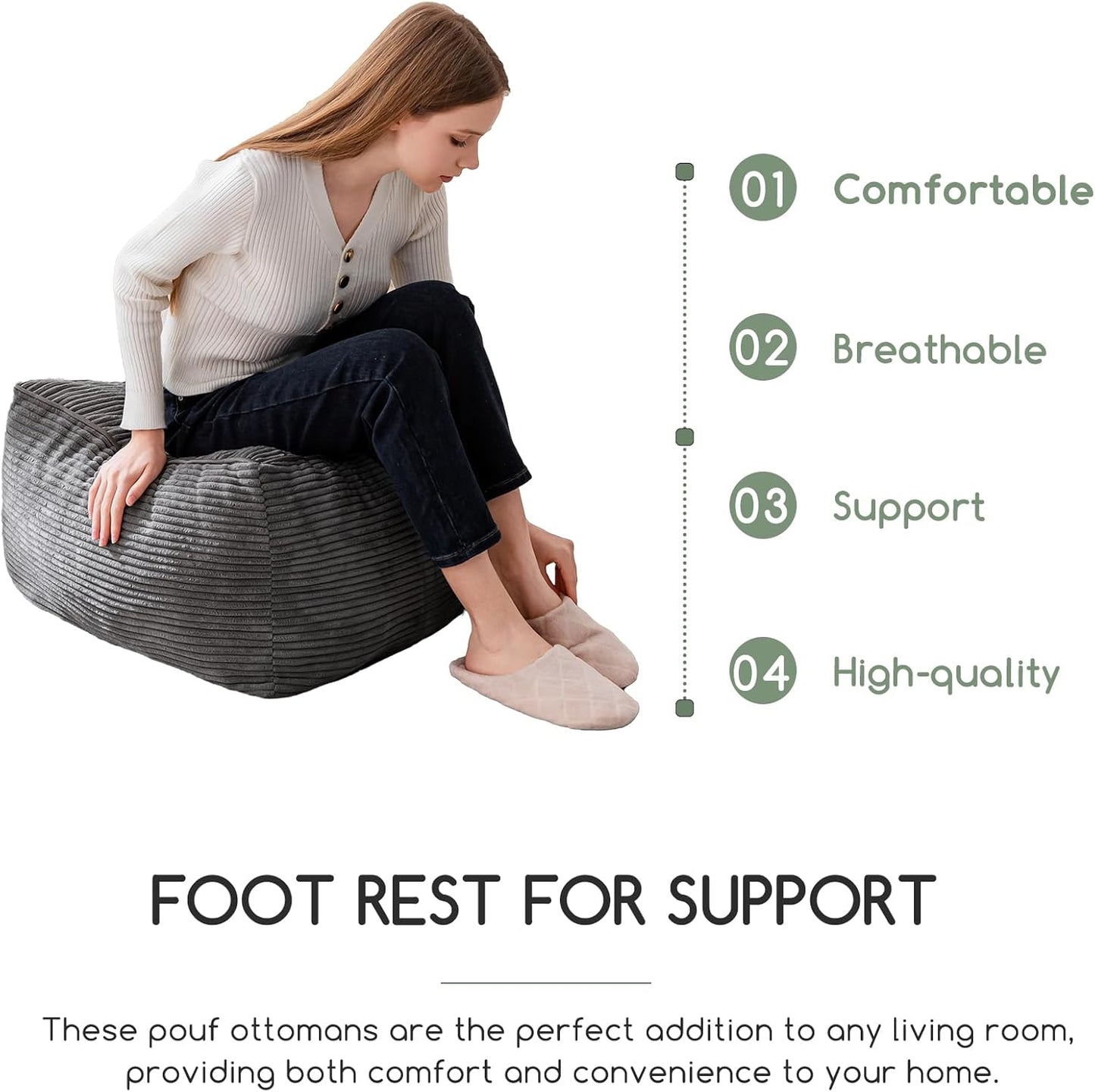 HIGOGOGO Square Stuffed Pouf Ottoman, Corduroy Poufs with Foam Chunk Filling, Furry and Fluffy Pouf Foot Stool Storage Ottoman, 21 X 21 Floor Poufs Foot Rest for Living Room, Dark Grey