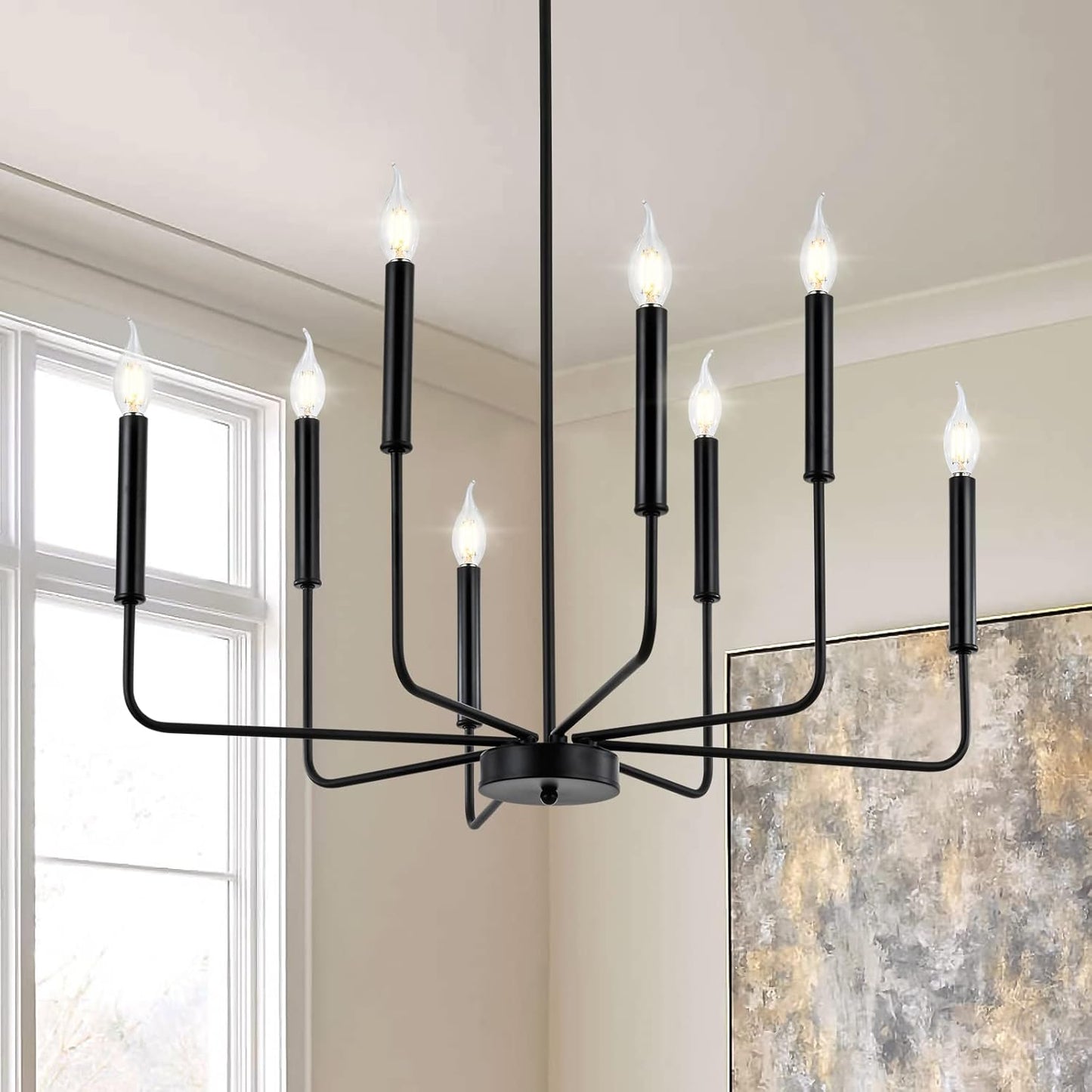 Modern Black Farmhouse Chandeliers, 8-Light Industrial Metal Chandelier Lighting, Classic Candle Hanging Pendant Light Fixtures for Kitchen Bedroom, Dining Room, Living Room,Foyer