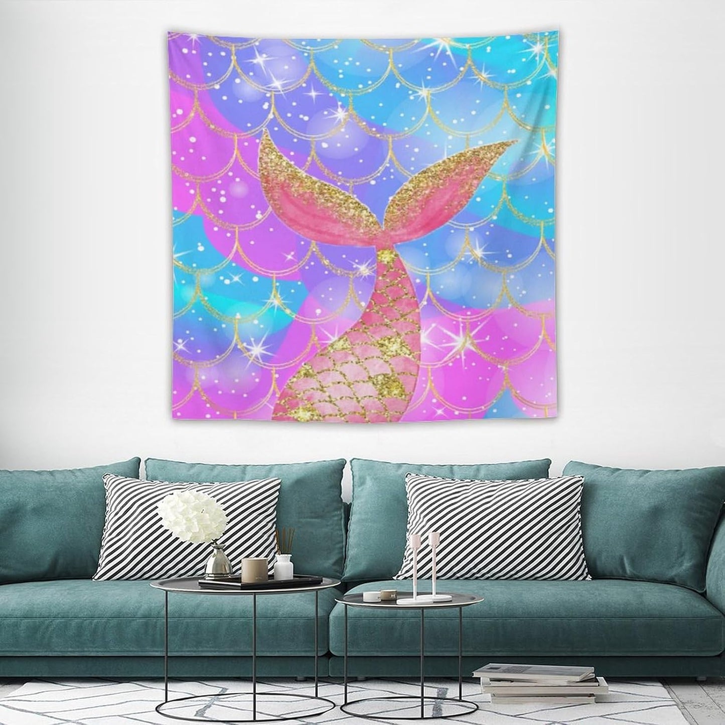 HZOHNAGO Mermaid Scales Tapestry Colorful Shiny Scales Mermaid Tail Pattern Printed Wall Tapestry Wall Hanging for Bedroom Living Room Dorm 60" W x 60" H