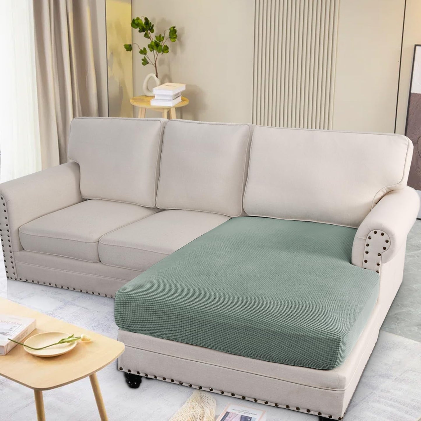 H.VERSAILTEX Super Stretch Individual Chaise Cover Sectional Couch Covers for L Shaped Sofa Both Left/Right Featuring Thick Jacquard Textured Twill Fabric (1 Piece Chaise Cover, Sage)