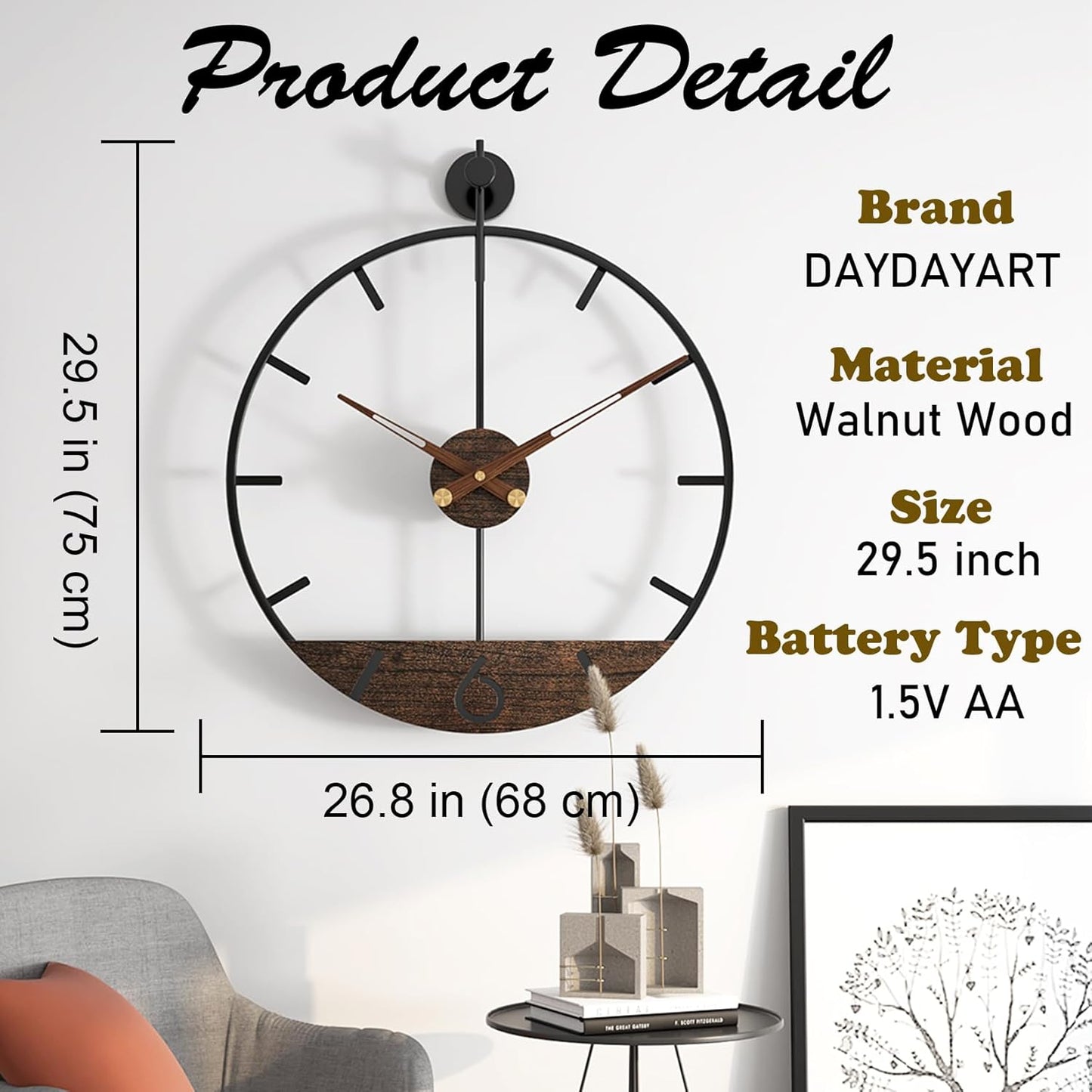 Modern Wood Walnut Dial Wall Clock, Large Simple Wall Decor Metal Frame Silent Non Ticking Clock for Living Room, Kitchen, Bedroom, Study Decoration, Handmade Home Present Idea, 29.5 in