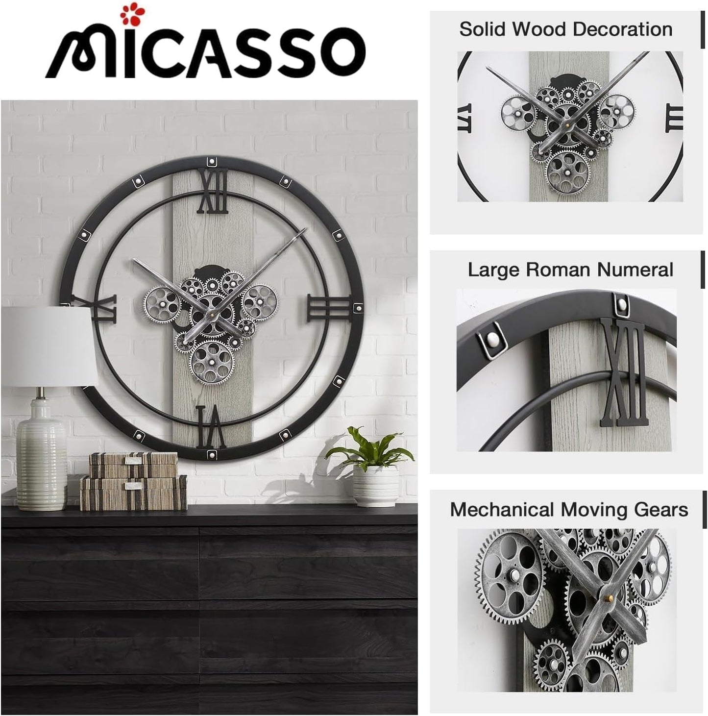 Micasso 24 inch Large Real Moving Gears Wall Clock: Black Industrial Steampunk Roman Numeral Clock - Modern Wall Decor for Living Room/Entryway/Office