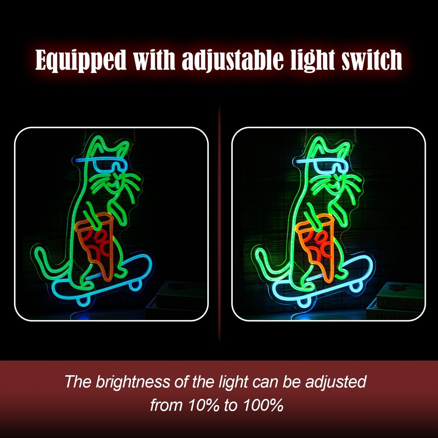 Skateboard Cat Neon Sign LED Cool Glasses Cat Neon Light for Wall Decor Pizza Neon Light Sign Dimmable USB Cat Pizza Light Up Sign for Bedroom Pizza Restaurant Pet Shop Gift (16.7 "*12.2 ")