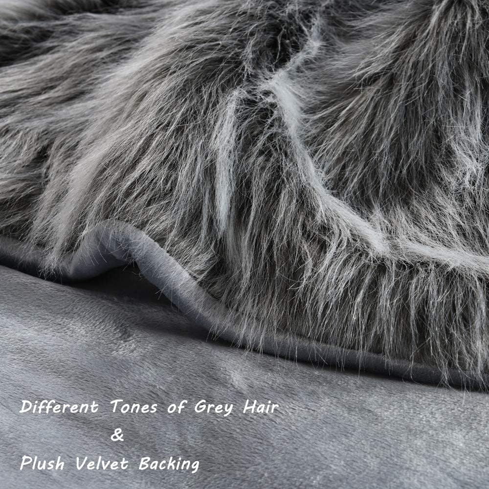 Luxury Faux Fur Blanket King Size, Ultra Big Grey and Black High Pile Mixed Faux Fur Throw Blanket, Oversized Super Warm, Fuzzy, Elegant, Fluffy Decoration Throws for Sofa, Couch and Bed, 104''x 90''
