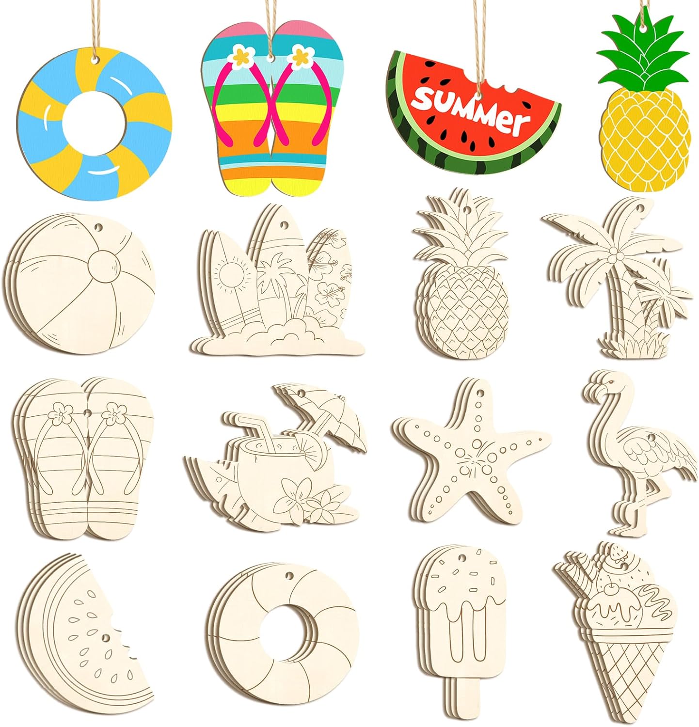36PCS Wooden Summer Ornaments to Paint, 12 Styles DIY Blank Unfinished Wood Beach Cutouts Ornament for Crafts Hanging Decorations, Watermelon Surfboard Slippers Coconut Tree Home Decorations Gifts