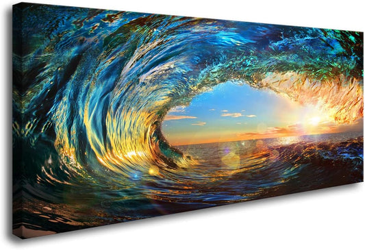 Cao Gen Decor Art S06750 Giant Wave Water Wall Art Canvas Prints 1 Panels Ocean Waves Pictures Paintings with Sunset Blue Seascape Framed for Living Room Bedroom Kicthen Office Artwork