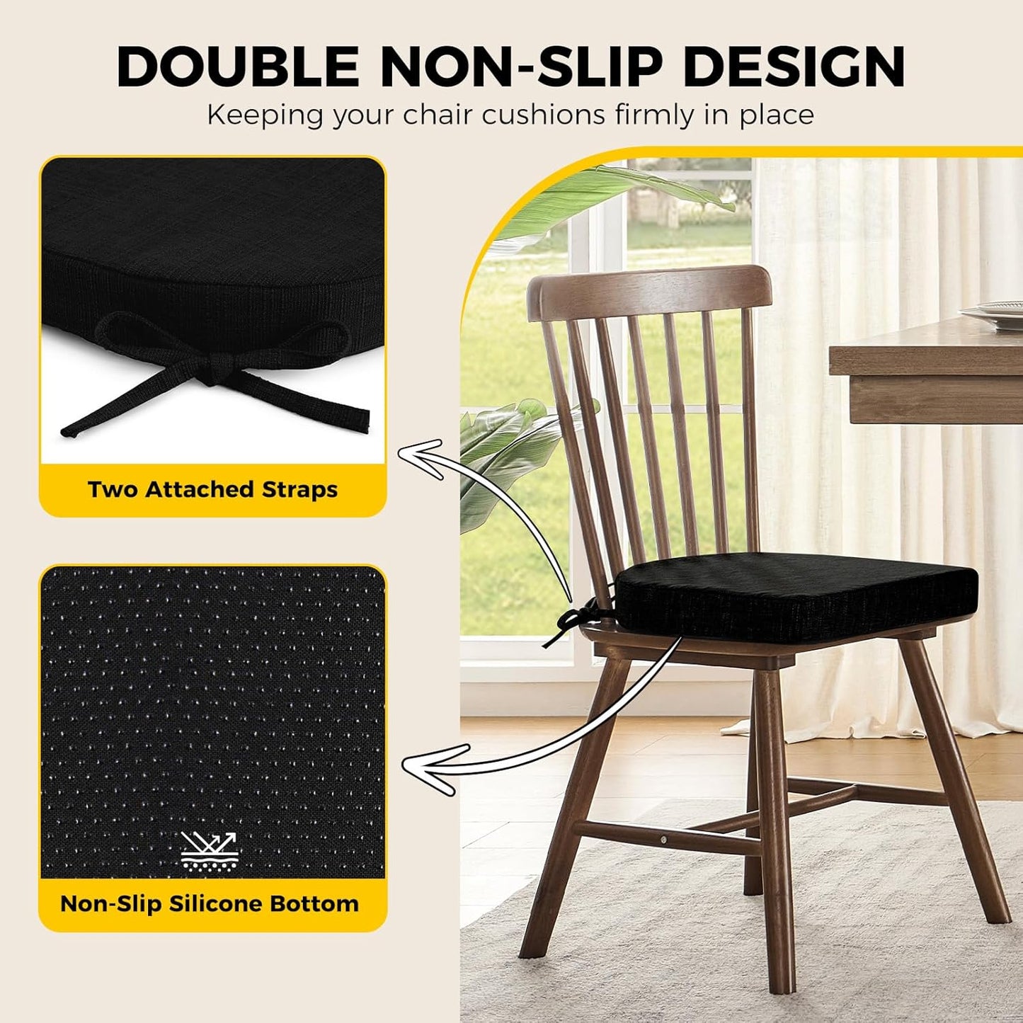 downluxe Indoor Chair Cushions for Dining Chairs, Soft and Comfortable Textured Foam Kitchen Chair Pads with Ties and Non-Slip Backing, 16" x 16" x 2", Black, 6 Pack
