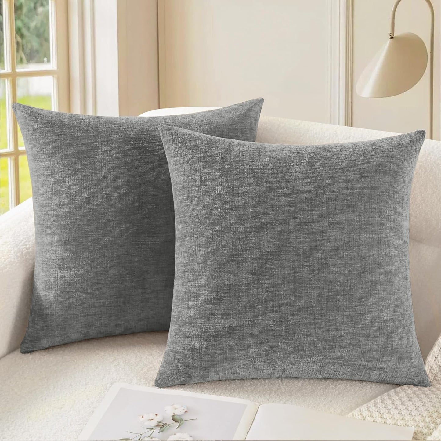 CaliTime Throw Pillow Covers Decorative 18 X 18 Inches Pack of 2 Cozy Chenille Cushion Cases for Couch Sofa Bed Living Room Home Medium Grey