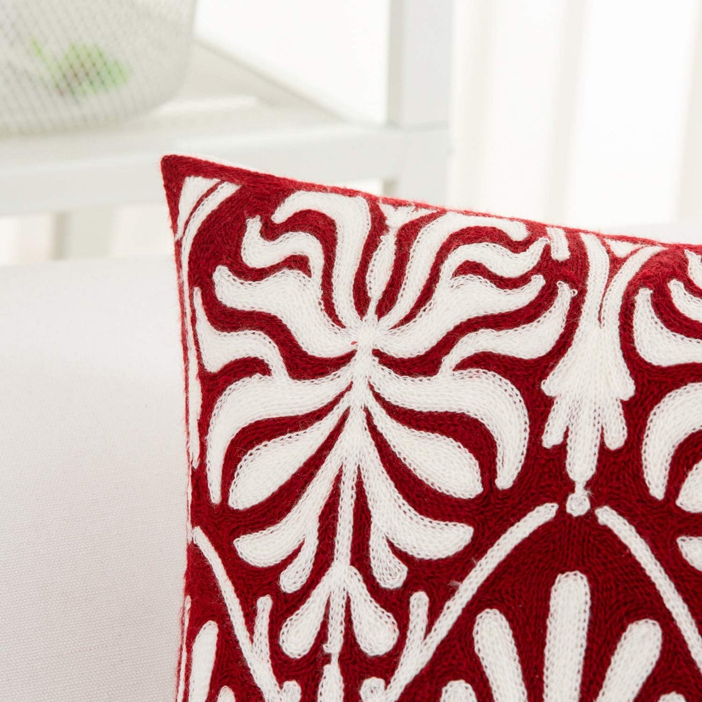 HWY 50 Burgundy Red Decorative Lumbar Pillow Cover Rectangle 12x20 Inch (1 Piece), Embroidered Cotton Farmhouse Cushion Cover Pillow Case for Sofa Couch Living Room Bed, Minimalist Floral