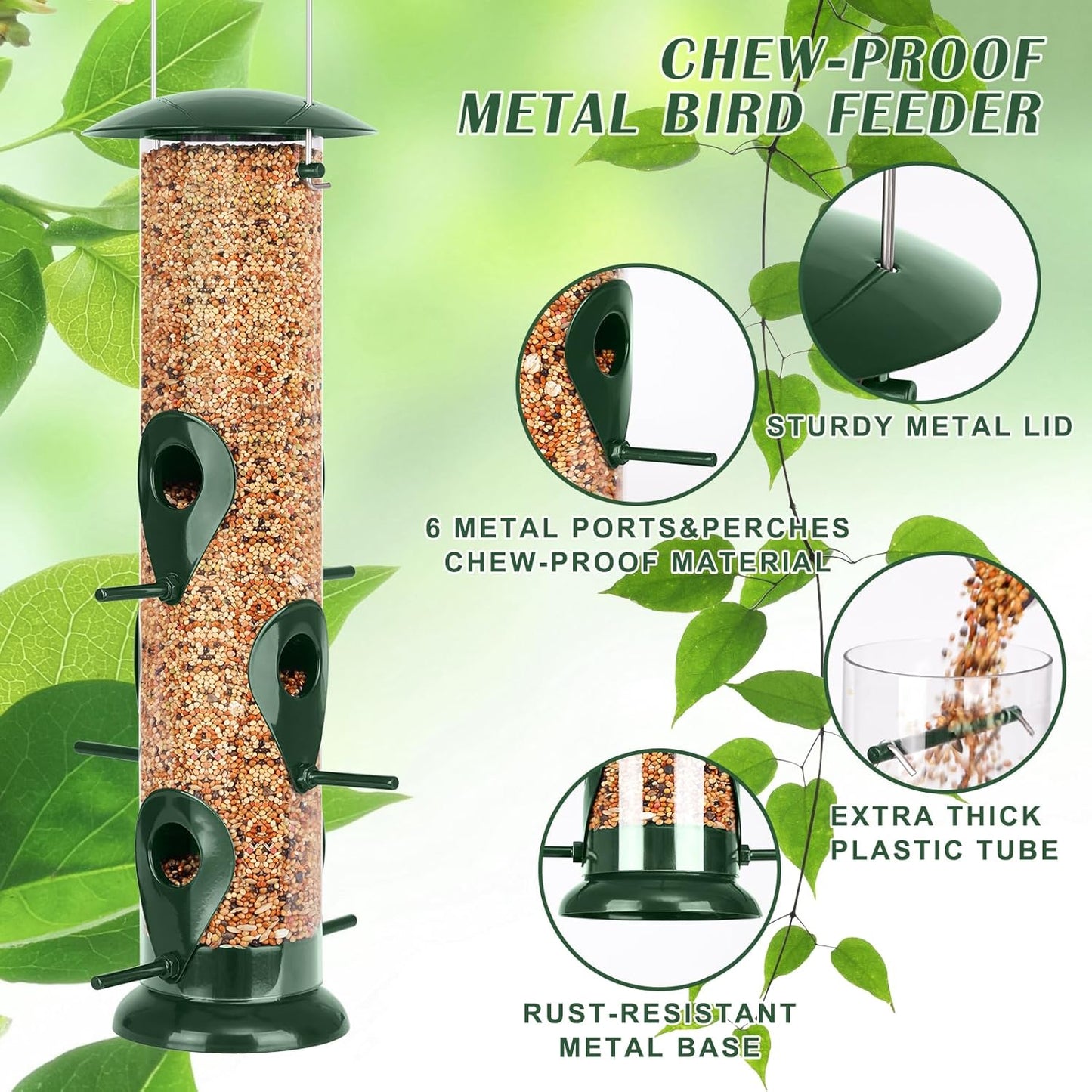 FEED GARDEN Metal Tube Bird Feeders for Outdoors Hanging, 6-Port Bird Feeder for Outside, Finch Feeders for Outside, Squirrel Proof Bird Feeders with Heavy Duty Metal Lid, Chew-Proof