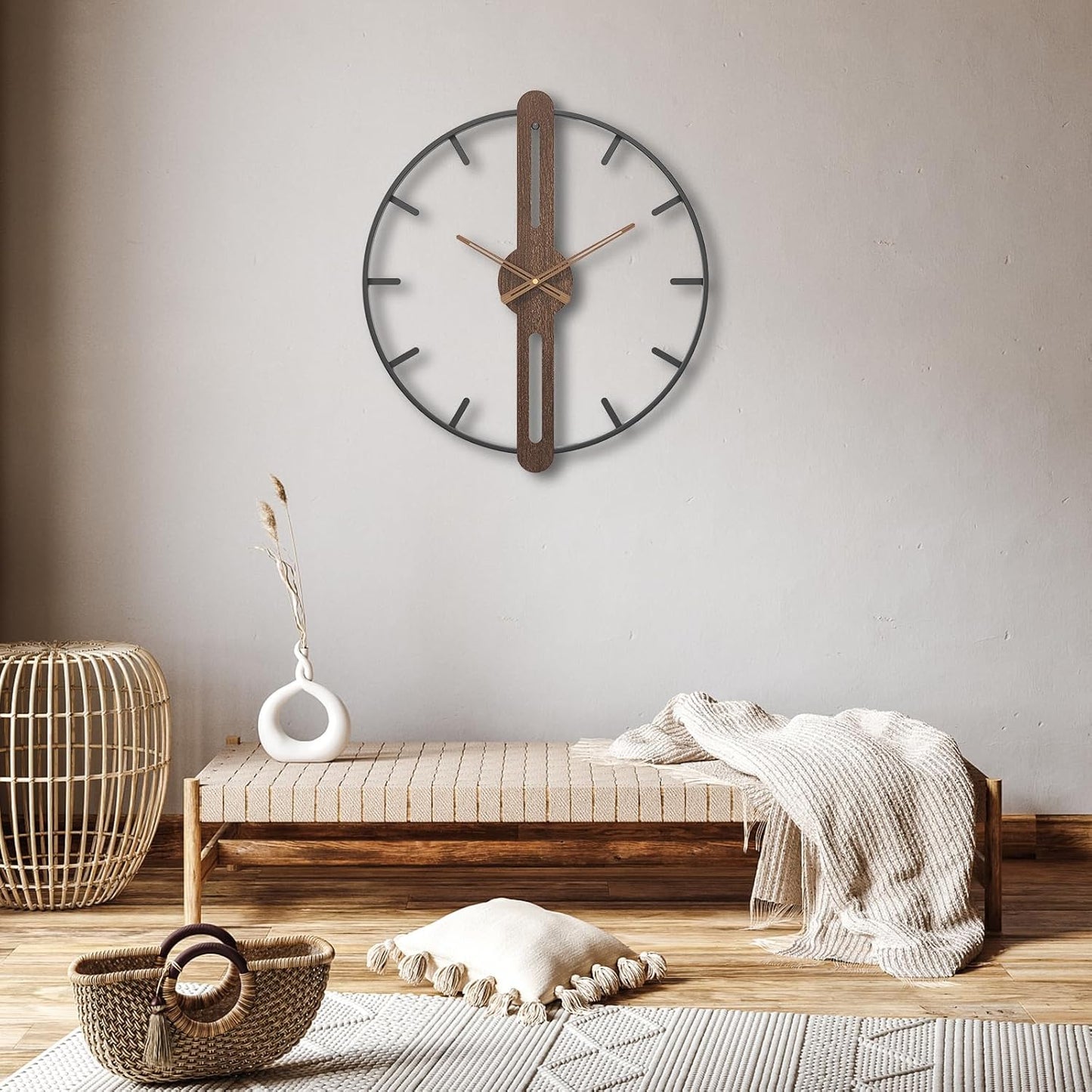 Modern Walnut Dial Wall Clock, Wood Large Wall Clock Decor Metal Frame Silent Non Ticking for Living Room, Bedroom, Kitchen, Study Decoration, Handmade Home Present Idea, 20 in （50 cm）