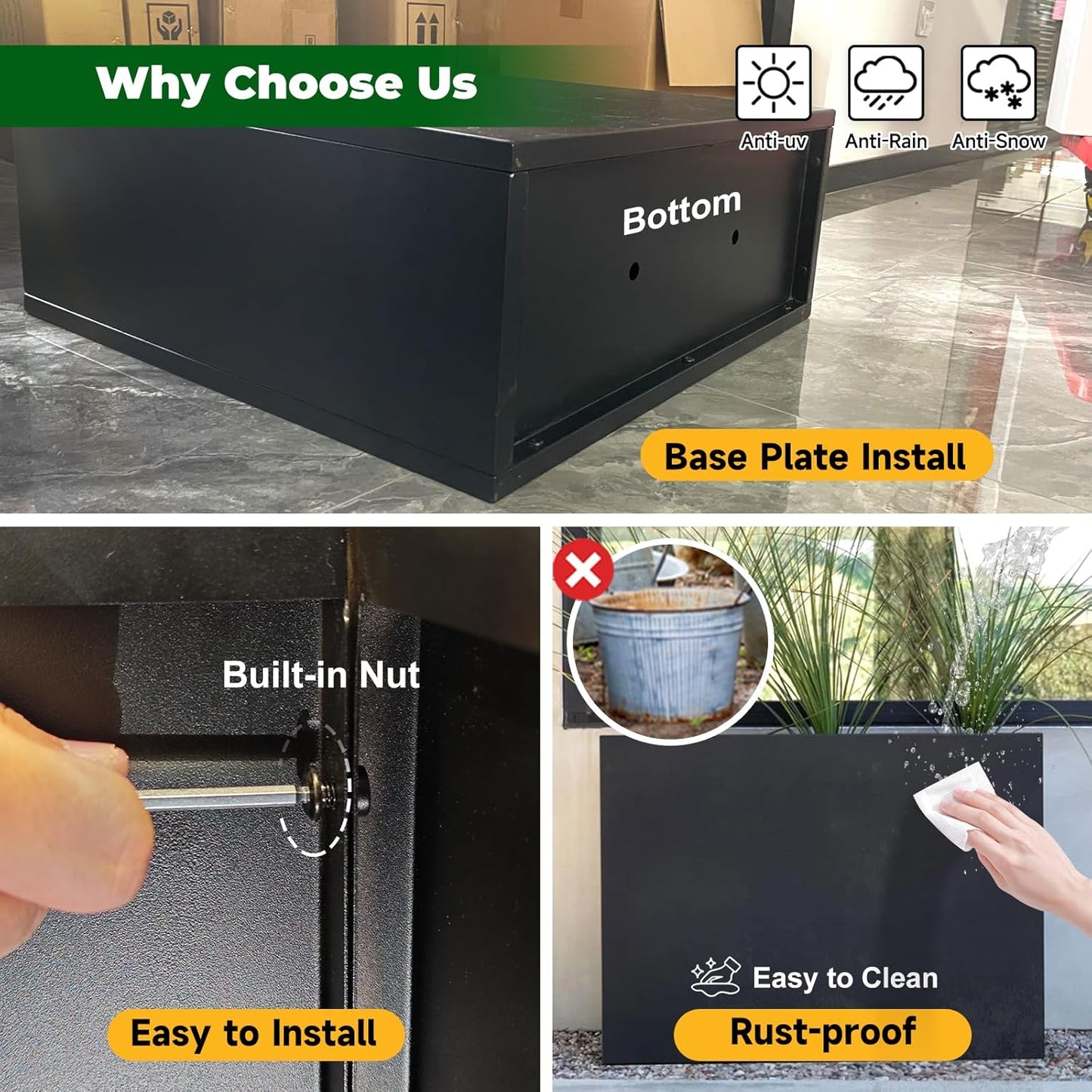 Galvanized Steel Metallic Heavy Planter for Outdoor Plants Metal Outdoor Planter Spliced Flower Box with Partitions for Outside,Indoor,Garden (Black, 24 * 12 * 24)