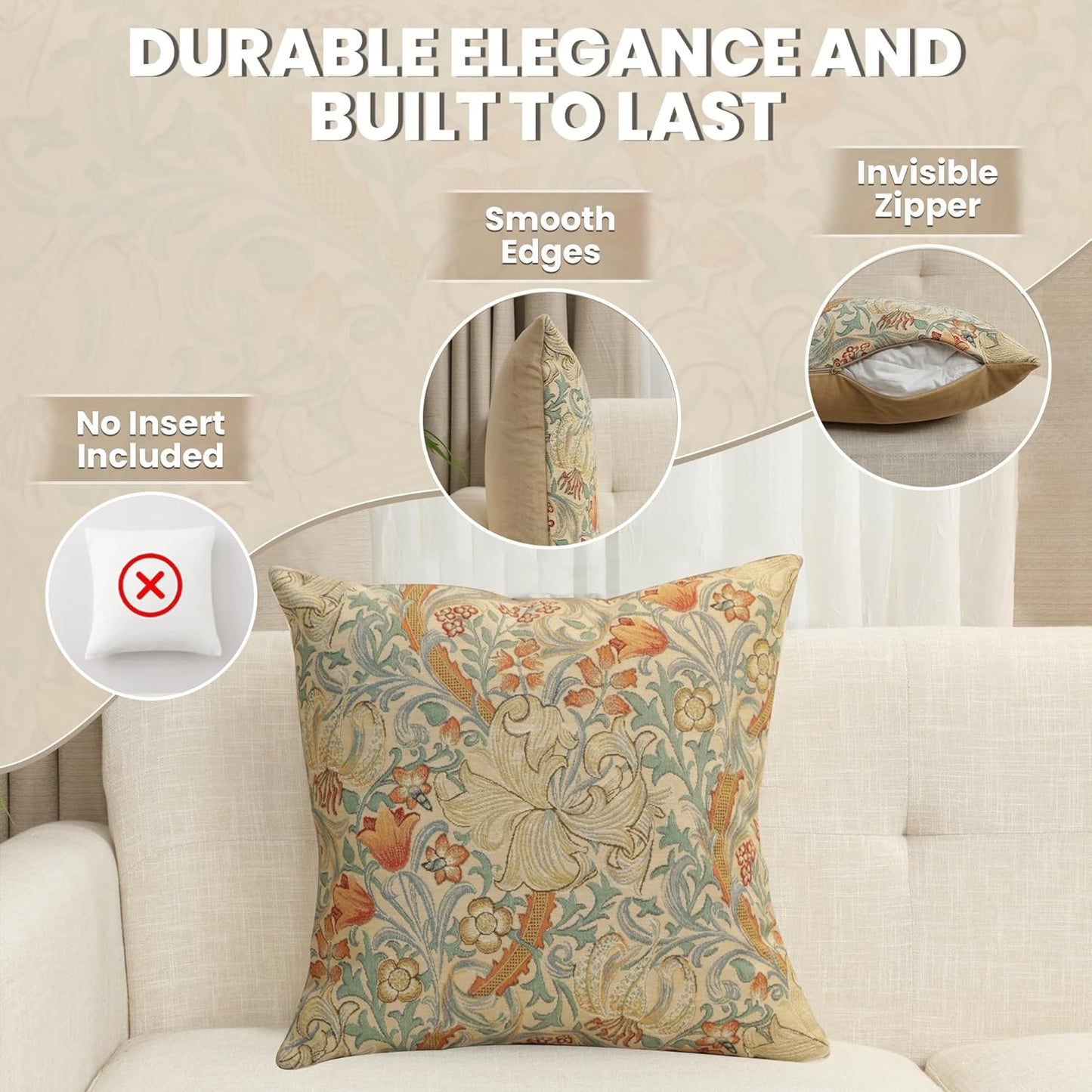 Charlotte Home Furnishings Throw Pillow Covers, Decorative Boho Pillow Cover for Couch, Living Room, Golden Lily Light Square Cushion Cases 18x18 in, European Cotton Jacquard Woven, Cozy Bedroom Decor