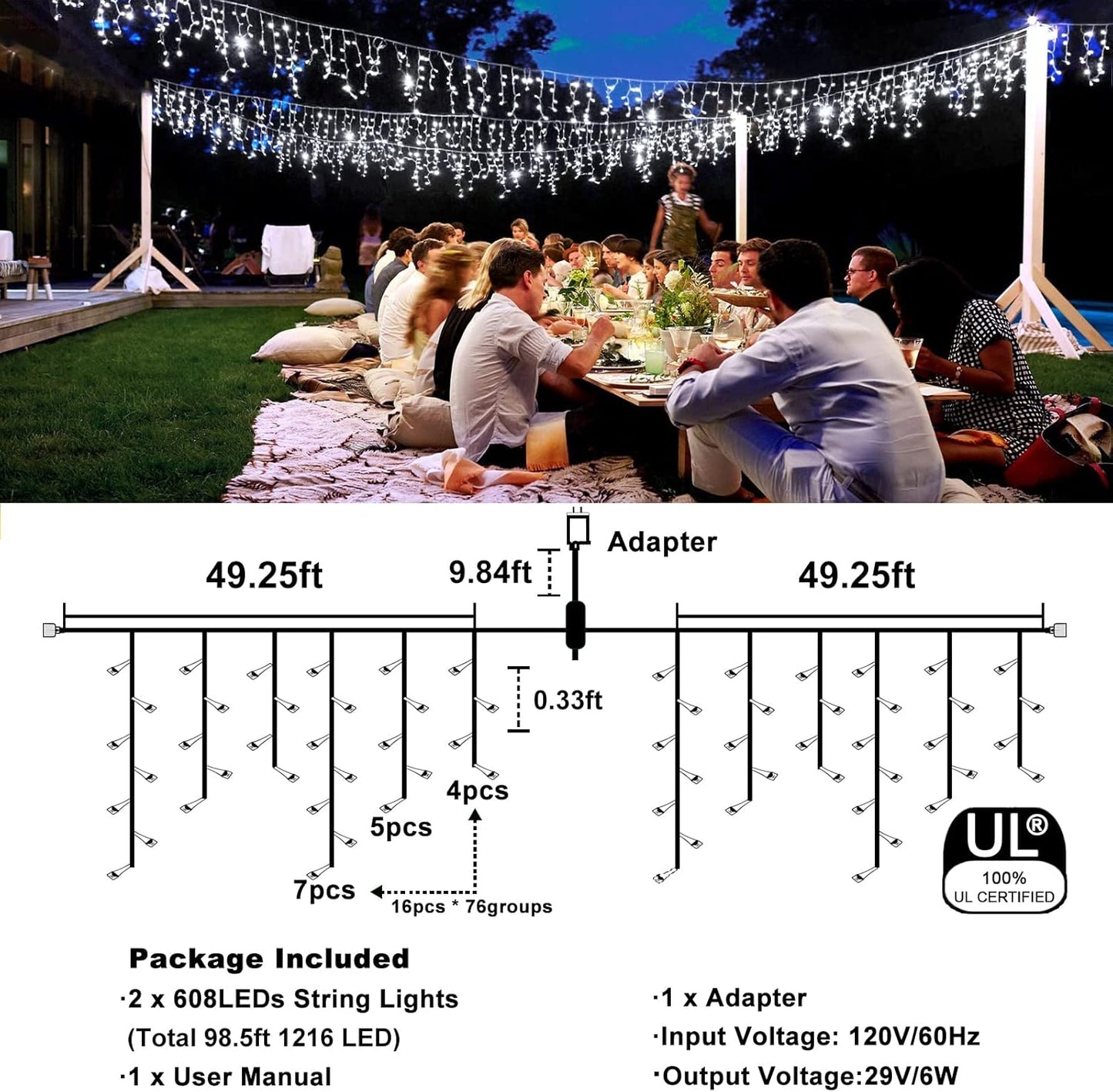 Icicle Christmas Lights, 98FT 1216 LED Icicle Lights for Outside with 228 Drops, 8 Modes Waterproof Twinkle String Lights for House Bedroom Wedding Holiday Decorations, White